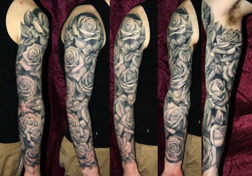 Black And White Rose Flowers Tattoo On Full Sleeve